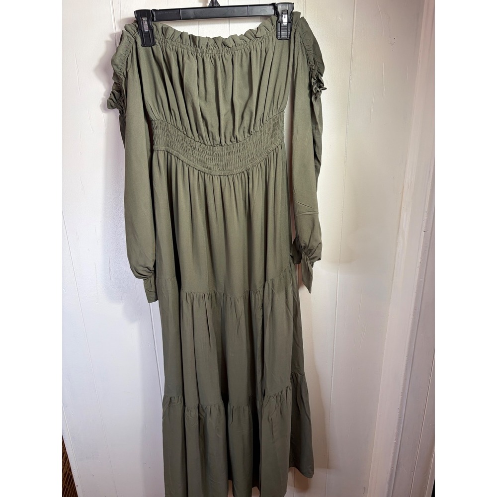 ZESICA Olive Green Off Shoulder Smocked Maxi Dress Long Sleeve Slit S NWT